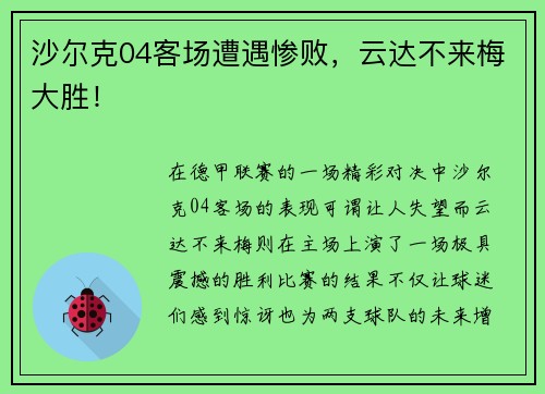 沙尔克04客场遭遇惨败，云达不来梅大胜！