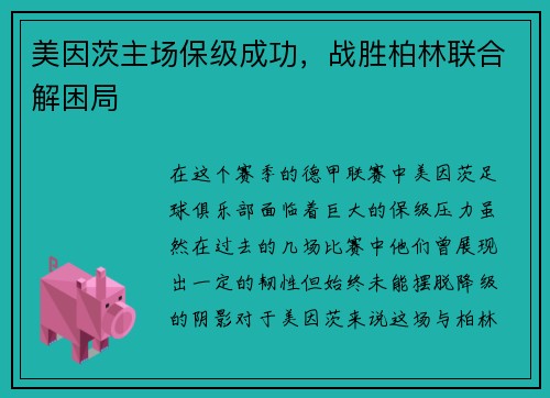 美因茨主场保级成功，战胜柏林联合解困局