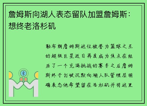 詹姆斯向湖人表态留队加盟詹姆斯：想终老洛杉矶