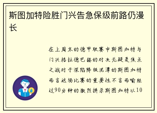 斯图加特险胜门兴告急保级前路仍漫长