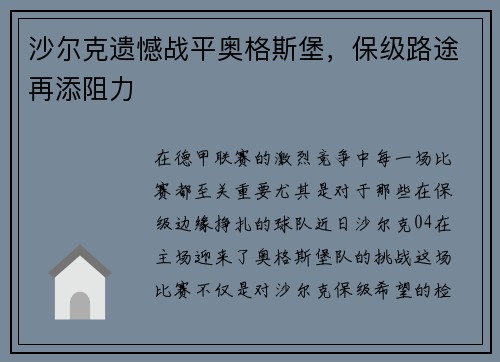 沙尔克遗憾战平奥格斯堡，保级路途再添阻力