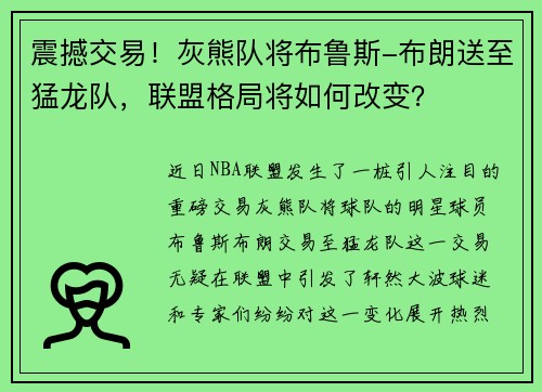 震撼交易！灰熊队将布鲁斯-布朗送至猛龙队，联盟格局将如何改变？